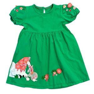 Green Unicorn Embroidered Kids Dress